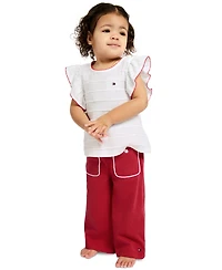 Tommy Hilfiger Baby Girls' Crochet Trim Striped Top and Patch Pocket Wide Leg Pants, 2-Piece Set
