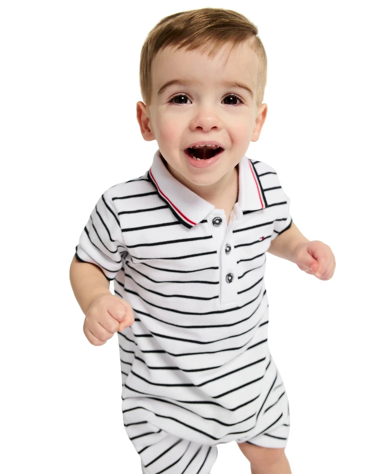 Tommy Hilfiger Baby Boys' Striped Pique Knit Collared Polo Shorts Romper