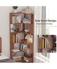 Rainsken 5 Tier L-Shaped Corner Bookshelf, Wooden Open Display Shelves and Storage Rack with Anti-Drop Panels for Living Room, Home Office