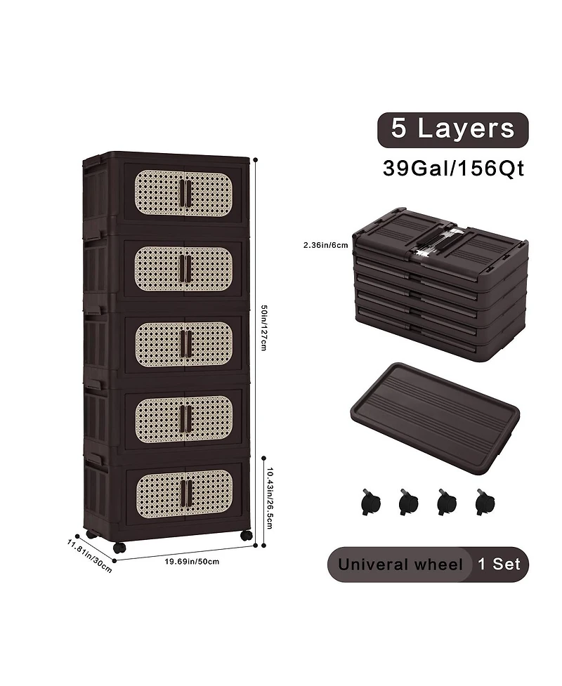 Streamdale Furniture Retro Folding Storage Cabinet, 5 Tiers, Collapsible with Wheels