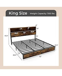 King Bed Frame with Charging Station Storage Headboard Under-bed Storage Space