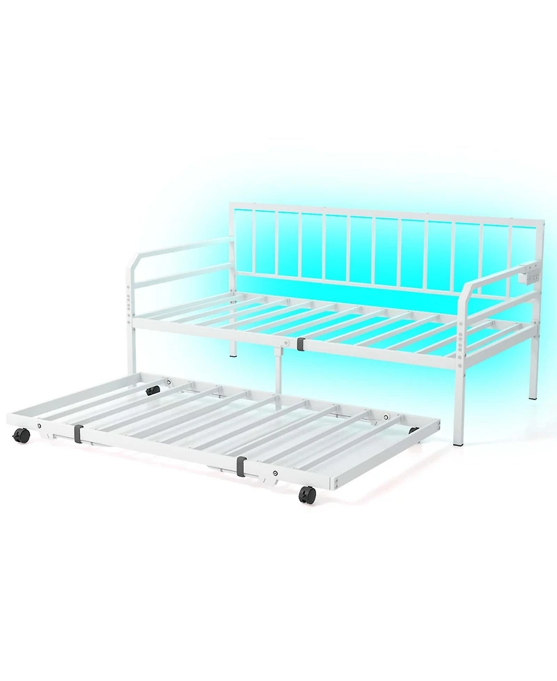 Twin Size Daybed with Pop-up Trundle Charging Station & Led Lights for Living Room