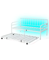 Twin Size Daybed with Pop-up Trundle Charging Station & Led Lights for Living Room