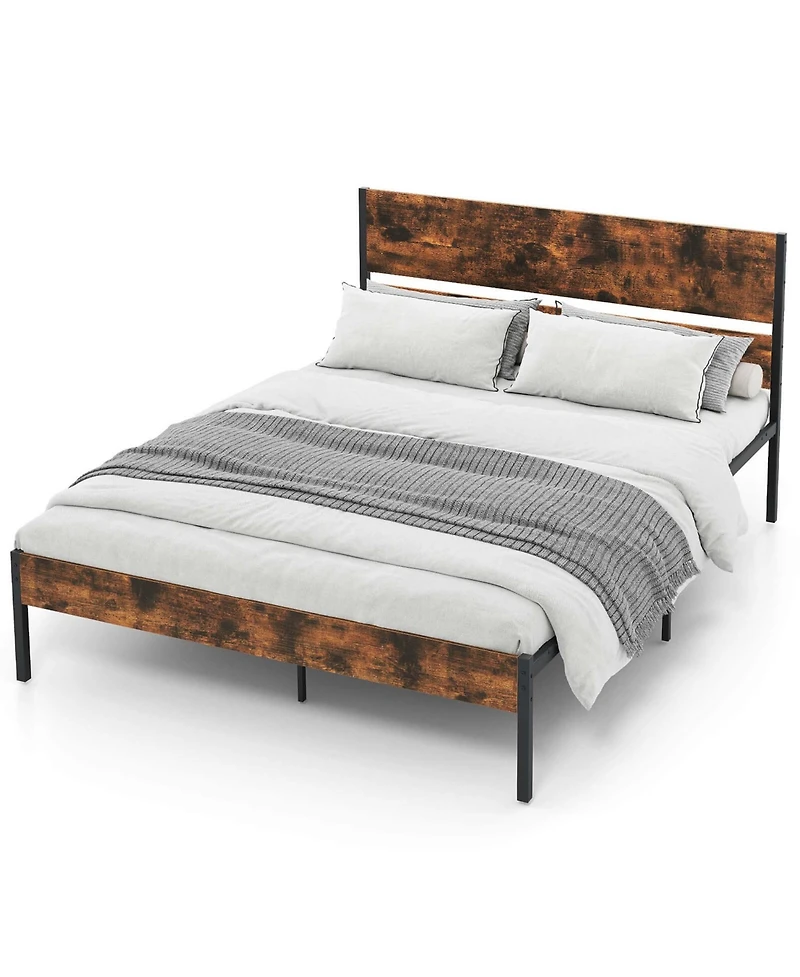 Queen Size Bed Frame with Wooden Headboard Under-Bed Storage No Box Spring Needed