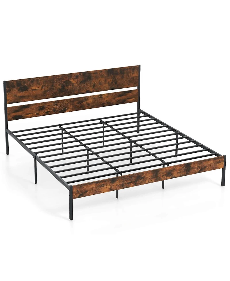 King Size Bed Frame with Wooden Headboard Under-Bed Storage No Box Spring Needed
