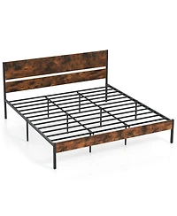 King Size Bed Frame with Wooden Headboard Under-Bed Storage No Box Spring Needed