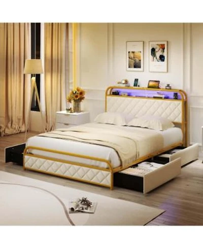 Full Size Bed Frame With Led Lights Charging Station Storage Headboard Drawers