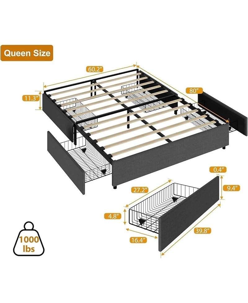 gaomon Platform Bed Frame with 4 Storage Drawers and Strong Wooden Slats Support