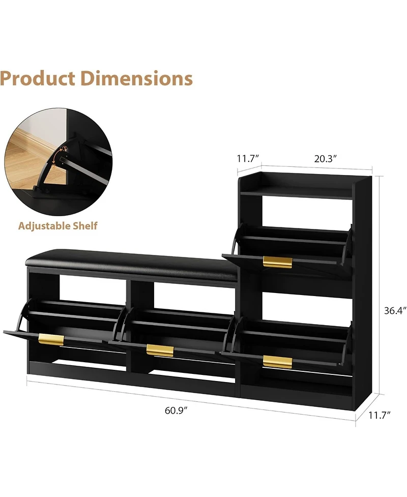 gaomon Farmhouse Shoe Cabinet with Bench 4 Flip Drawers Entryway Shoe Storage Organizer with Comfort Cushioned Seat Freestanding Shoe Rack