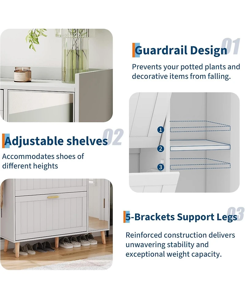 gaomon White Wooden Shoe Cabinet with Mirror 2 Flip Drawers and Side Storage Cabinet Freestanding Modern Shoe Storage with Adjustable shelves