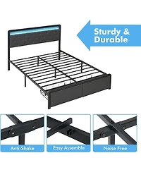 gaomon Bed Frame with Led Lights and 2 Storage Drawers Headboard,Upholstered Bed Frame with Under Bed Storage,Non-Slip and Noise-Free
