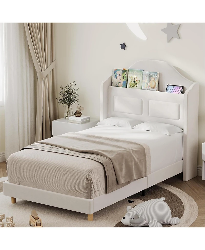 gaomon Twin Bed Frames for Kids, Wingback Velvet Platform with Led Lights, Upholstered Storage Headboard, Wooden Slats Support