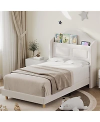 gaomon Twin Bed Frames for Kids, Wingback Velvet Platform with Led Lights, Upholstered Storage Headboard, Wooden Slats Support