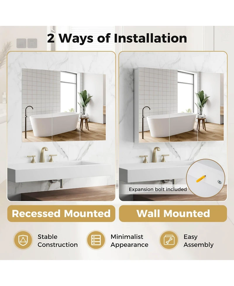 36" Wide Wall Mount Mirrored Bathroom Medicine Cabinet Organizer Mirror Door