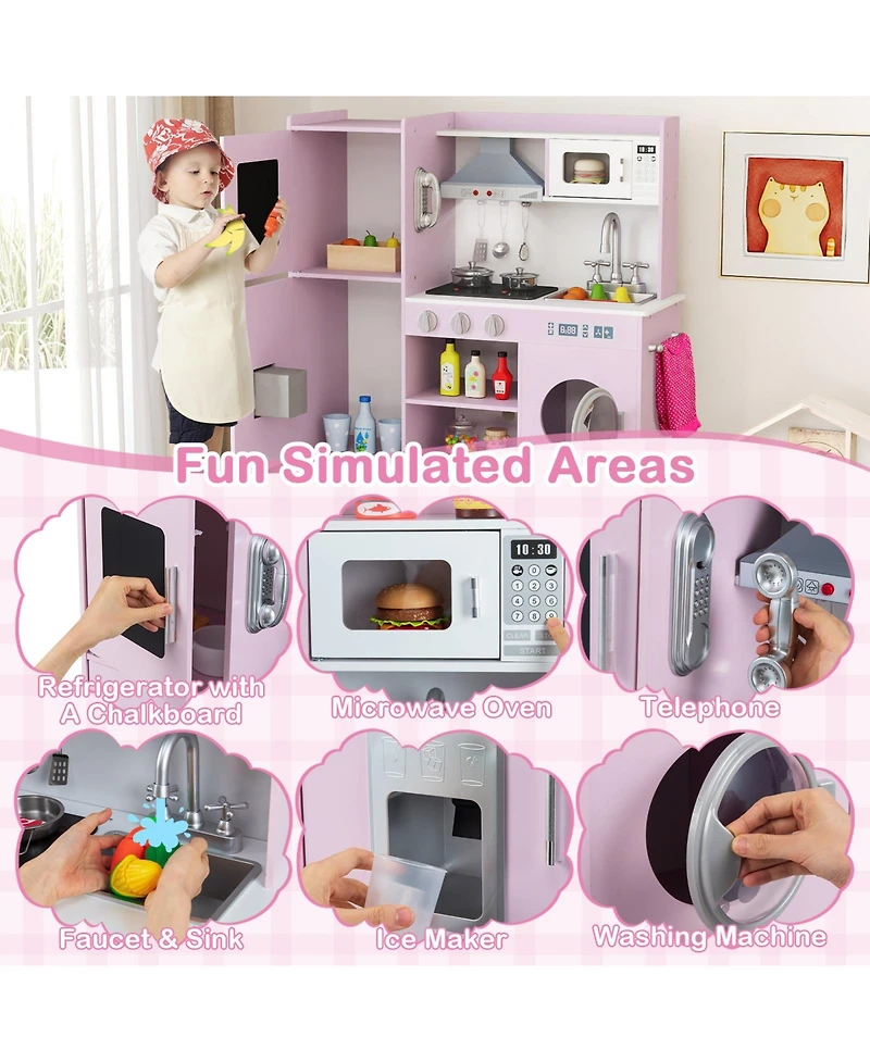 Mecale Pretend Play Kitchen Toy with Range Hood, Ice Maker & Telephone