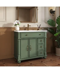 Sillysis 36" Bathroom Vanity with Sink, Medieval Modern Solid Wood Roman Base, Flip Drawer Adjustable Storage, Easy Clean