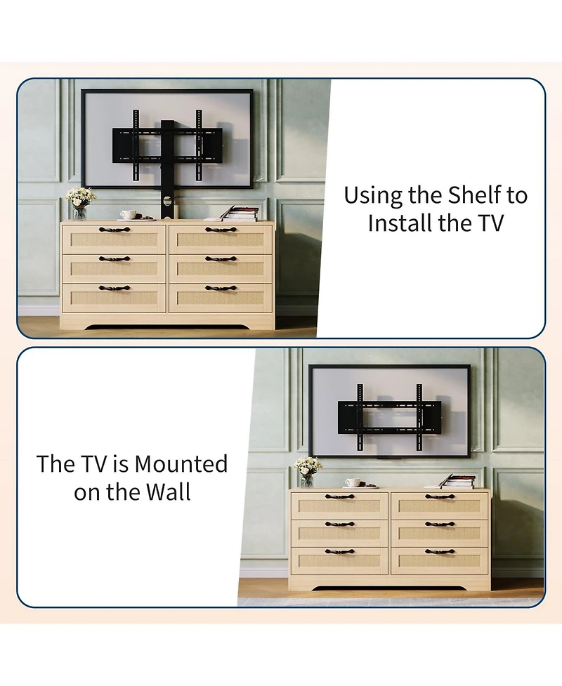 gaomon Tv Stand with Mount, 47.2" Modern Entertainment Center 6-Drawer Rattan Dresser