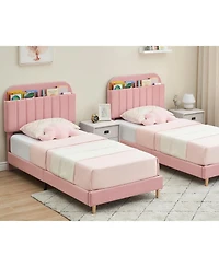gaomon Twin Bed Frame Upholstered Platform Wooden Slats Bookcase Headboard Support Boys Girls Teens No Box Spring