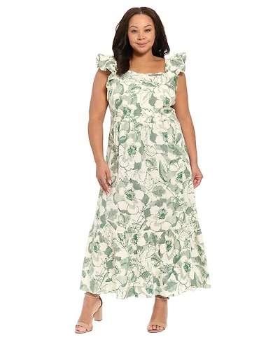 London Times Plus Printed Square Neck Maxi Dress