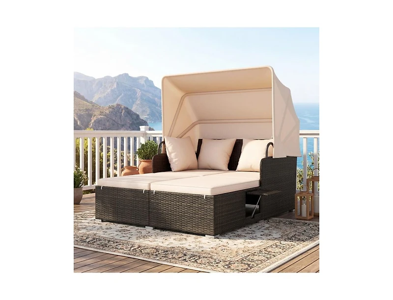 Slickblue Outdoor Rattan Daybed with Canopy Shade and Side Table Storage