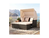 Slickblue Outdoor Rattan Daybed with Canopy Shade and Side Table Storage