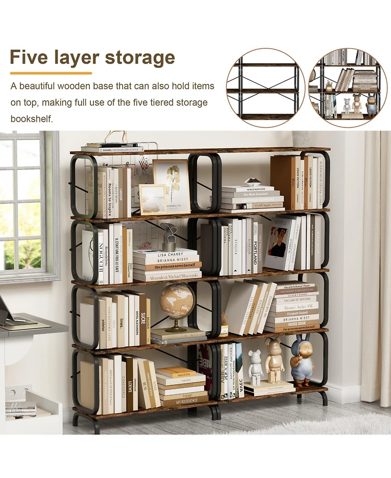 Rainsken 5 Tier Large Book Shelf, Storage Organizer for Books, Rustic Industrial Open Bookcase, for Living Room, Bedroom, Home Office