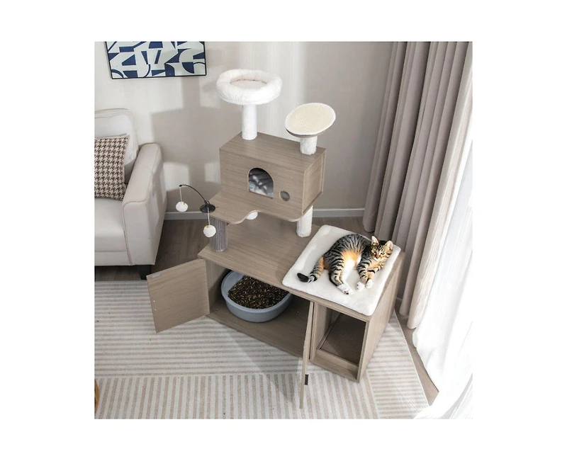 Aostirmotor 2-in-1 Modern Cat Tower with Litter Box Enclosure, Indoor Cat Furniture with Hidden Washroom & Perch