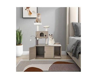 Aostirmotor 2-in-1 Modern Cat Tower with Litter Box Enclosure, Indoor Cat Furniture with Hidden Washroom & Perch