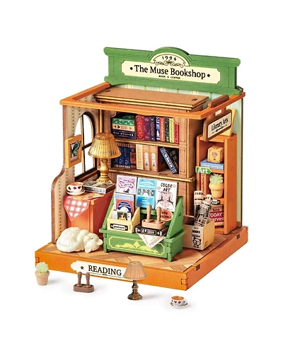 Robotime Diy Miniature Dollhouse with Bookshop Theme, Bookshelf Decoration Gift, 9.6" x 9.8" x 11.9"