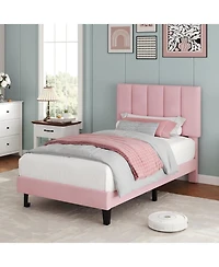 gaomon Bed Frame, Velvet Upholstered Platform Bed with Adjustable Vertical Channel Tufted Headboard, No Box Spring Needed, Easy Assembly