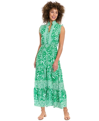 London Times Women's Collared Smocked Waist Tiered Maxi Dress