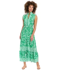 London Times Women's Collared Smocked Waist Tiered Maxi Dress
