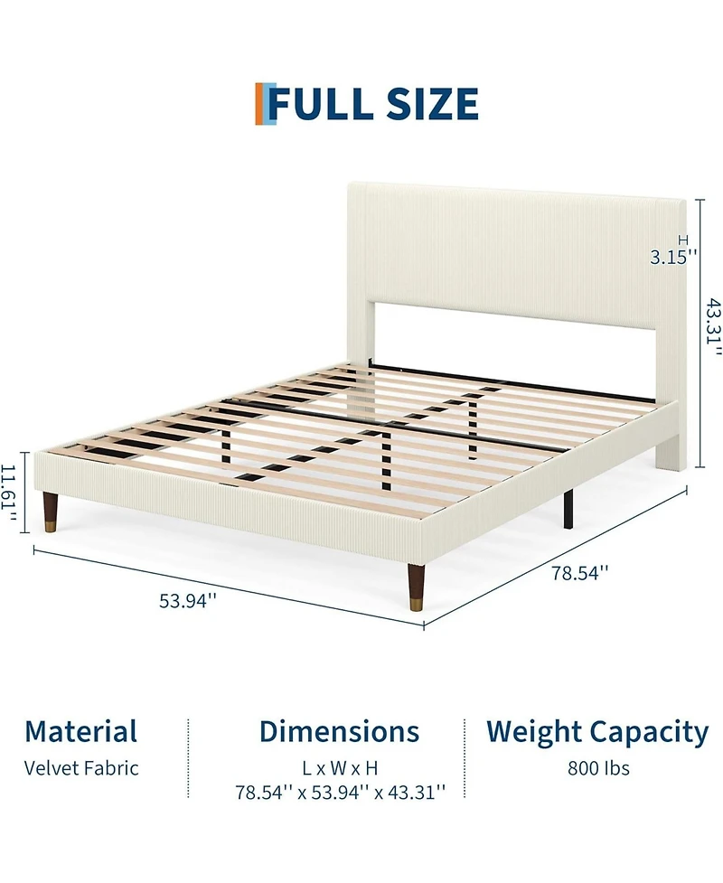 gaomon Full Upholstered Platform Bed Fabric Headboard Wooden Metal Slats Noise-Free Easy Assembly No Box Spring