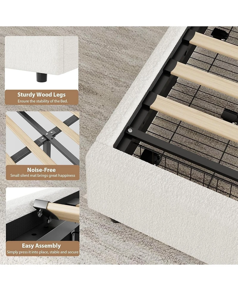 gaomon Full Bed Frame Storage Drawers Upholstered Boucle Platform Round Headboard Heavy Duty Noise-Free No Box Spring White