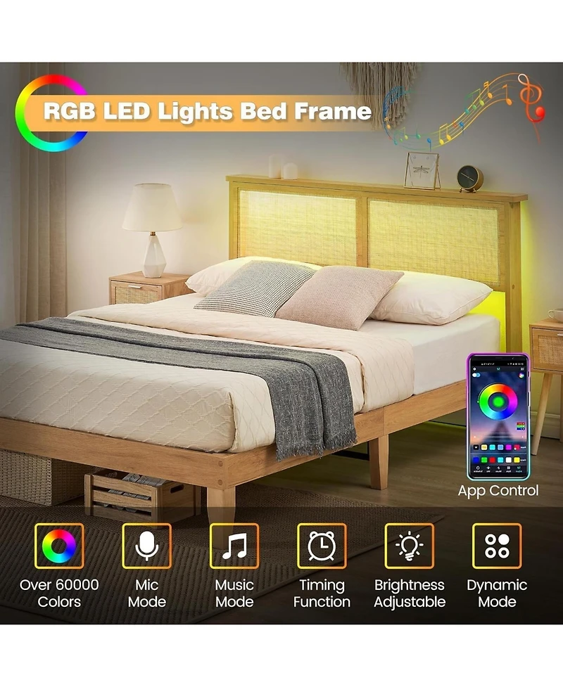 gaomon Rattan Bed Frame Wood Headboard Led Lights Wooden Slats Noise-Free Easy Assembly No Box Spring.