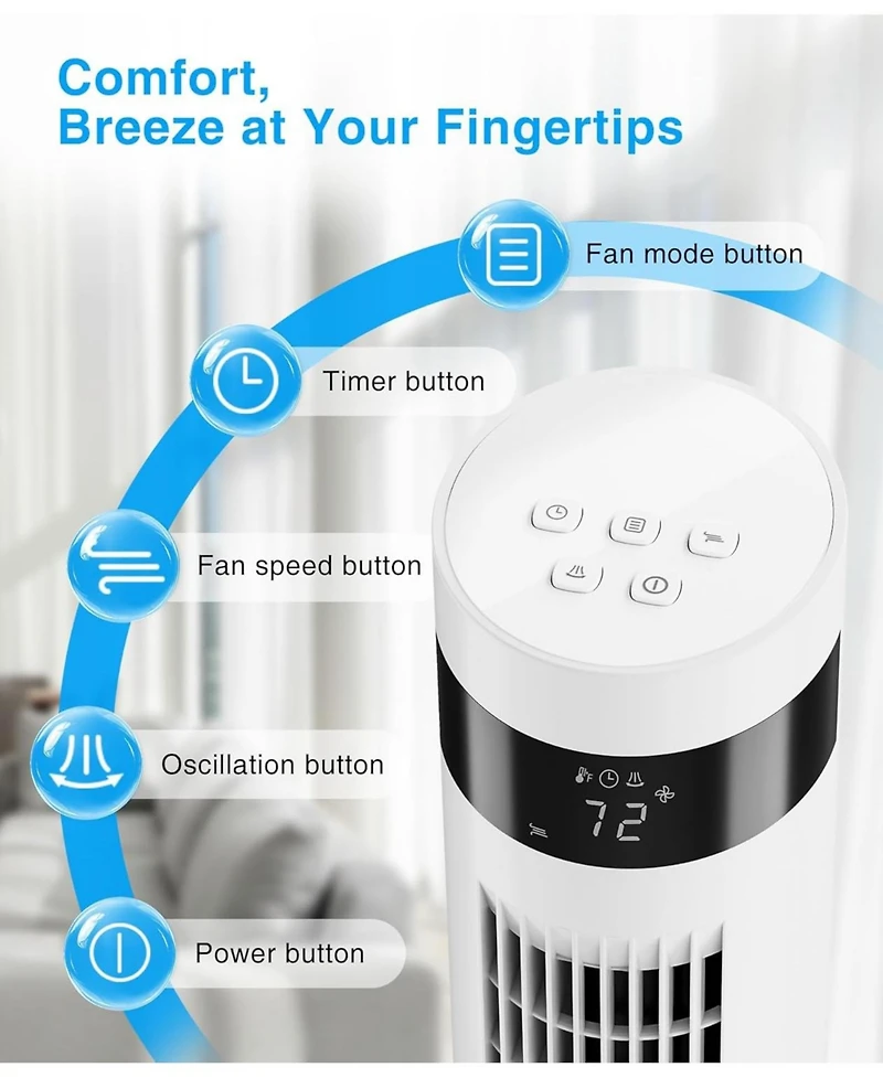 Antarctic Star Digital Oscillating Tower Fan, 3-Speed with Remote & 12H Timer