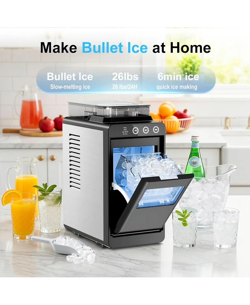 Antarctic Star Slim Stainless Steel Ice Maker, Dual Water Tanks (2L Total) & 26 lbs. Capacity