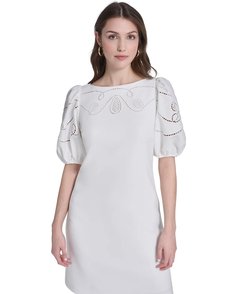 Vince Camuto Petite Embroidered Bodice Puff-Sleeve Shift Dress