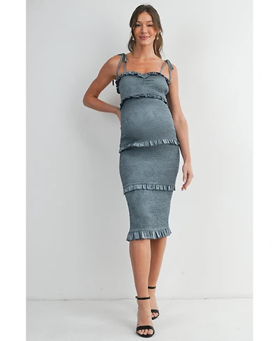 Hello Miz Maternity Smocked Bodycon Midi Dress with Ruffle Trim and Tie Straps