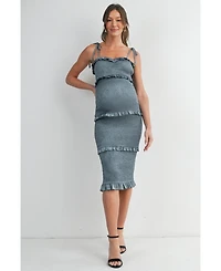 Hello Miz Maternity Smocked Bodycon Midi Dress with Ruffle Trim and Tie Straps