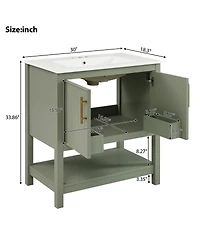 Sillysis 30" Bathroom Vanity with Ceramic Sink, Soft Close Doors & Open Shelf, Space-Saving Storage for Small Bathrooms
