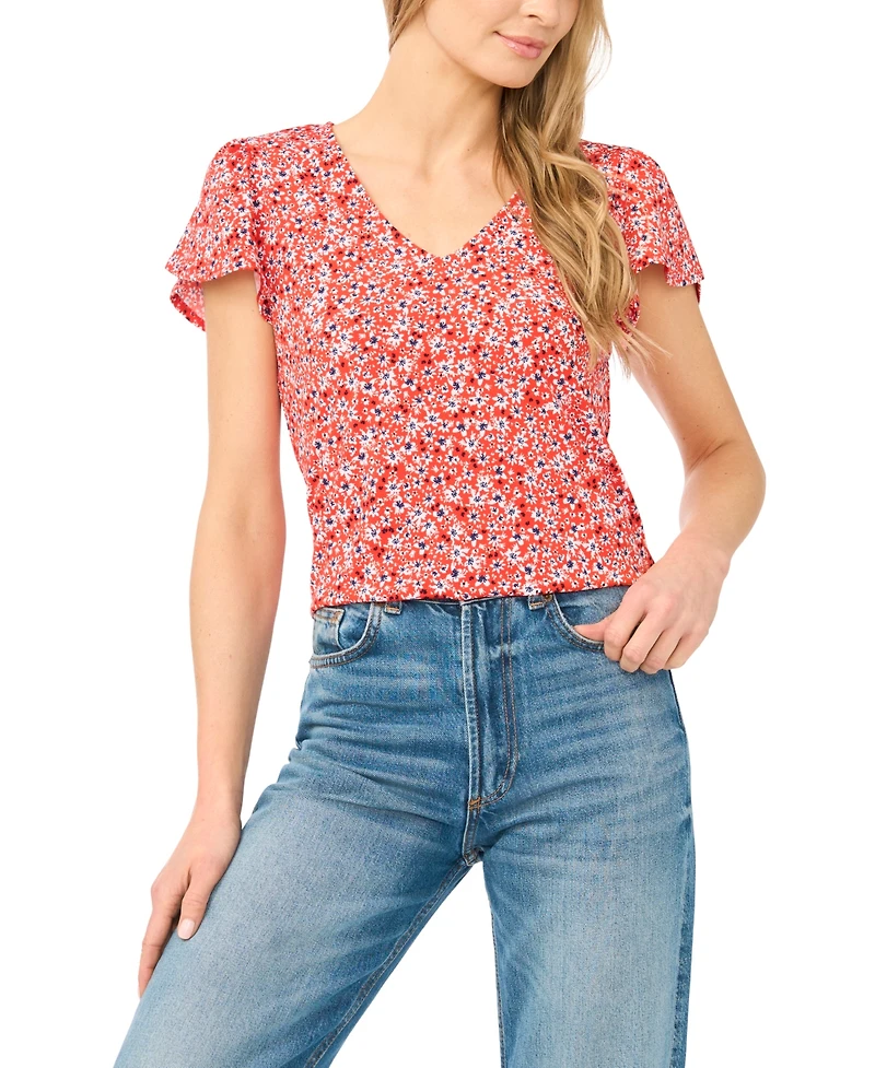 CeCe Women's V-Neck Tulip-Sleeve Printed Top