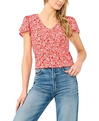 CeCe Women's V-Neck Tulip-Sleeve Printed Top