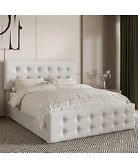 gaomon Queen Bed Frame 4 Storage Drawers Linen Upholstered Headboard Wooden Slats No Box Spring Button Tufted