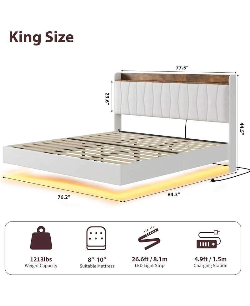 gaomon Floating Bed Frame with Led Lights & Charging Station Upholstered Platform Storage Headboard Wood Slats Support Easy to Assemble