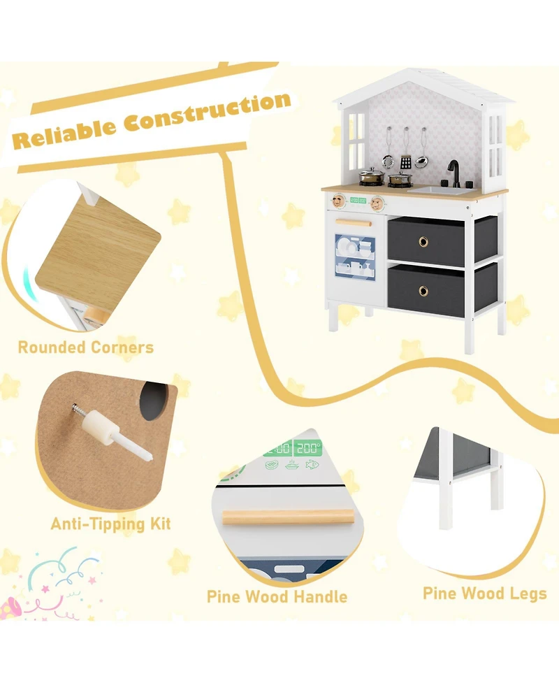 Mecale Kids Play Kitchen Toy with 2 Stoves & Rotating Knobs, Wooden Pretend Play Set