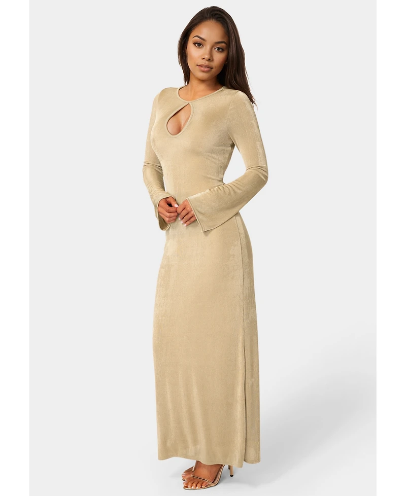 Bebe Women's Long Sleeve Open Neck Slinky Maxi Dress