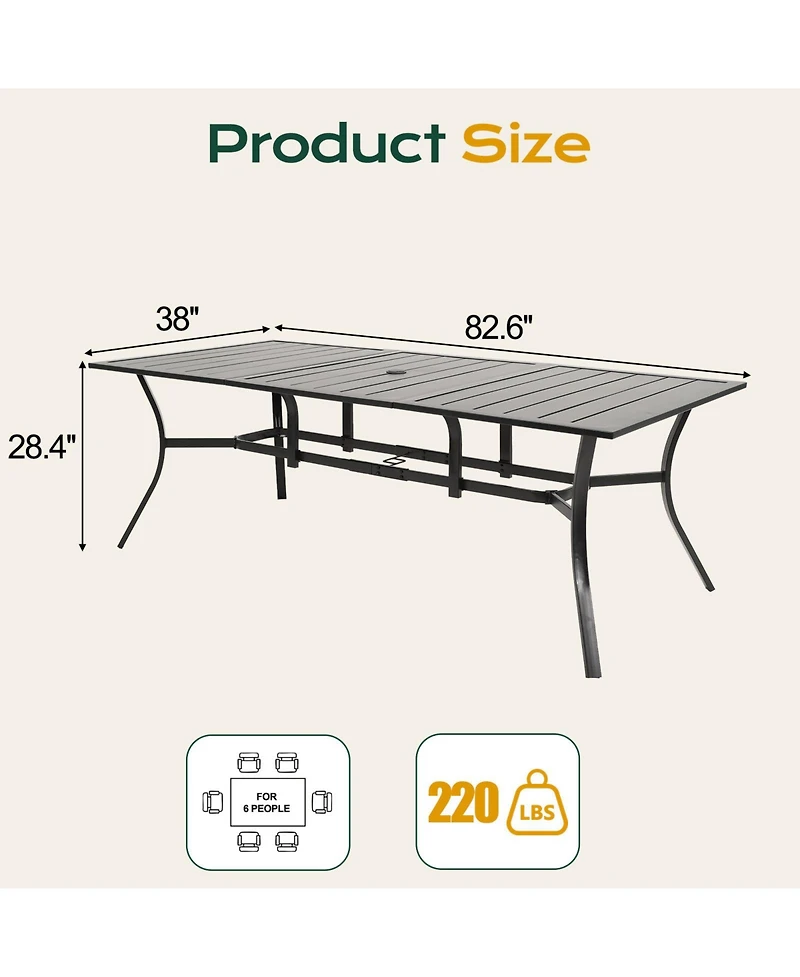 Aoodor Patio Dining Table for 6, 83'' Rectangular Metal Outdoor Patio Table with Umbrella Hole, Outdoor Dining Table for Deck, Yard, Poolside, Porch