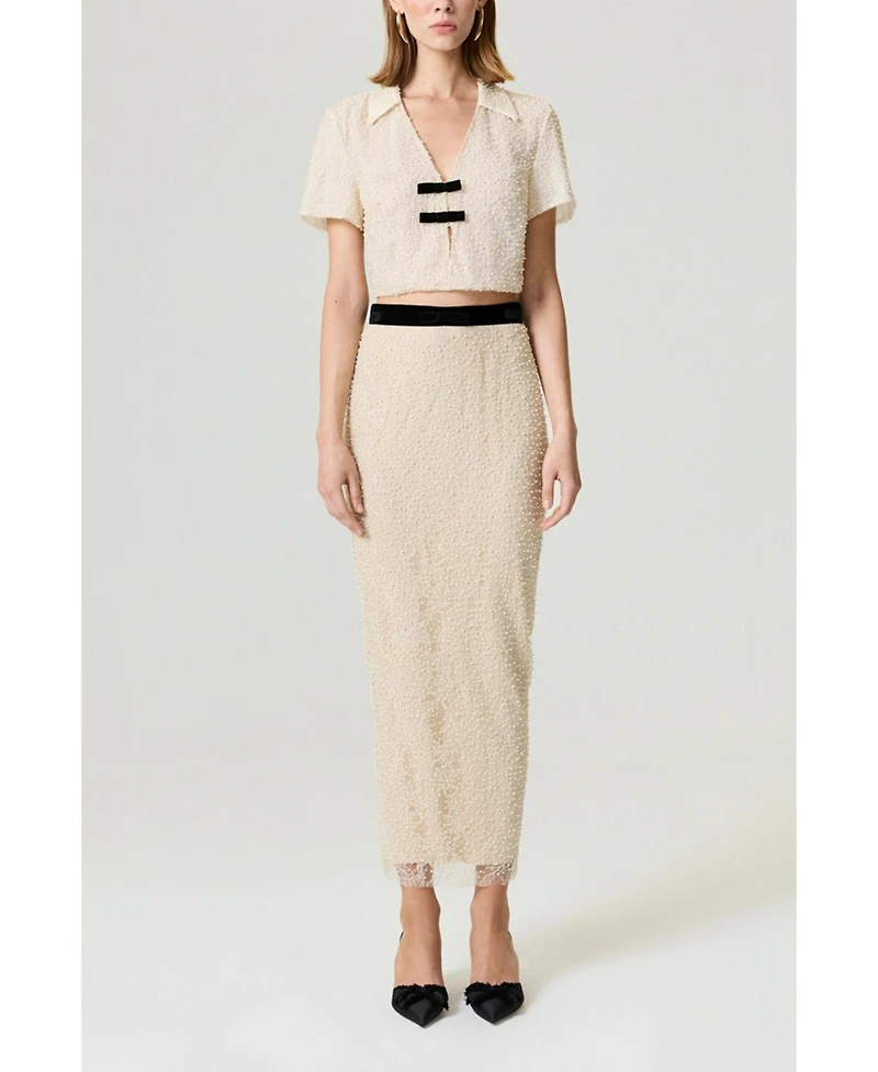 Nocturne Women's Pearl Embellished Bow Crop Blouse