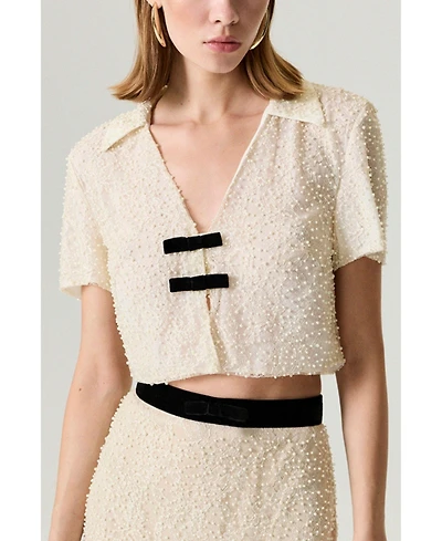 Nocturne Women's Pearl Embellished Bow Crop Blouse